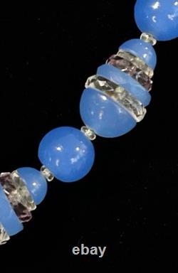 VTG CZECH Art Deco Faux Blue Chalcedony GLASS & Cut Crystal NECKLACE