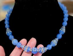 VTG CZECH Art Deco Faux Blue Chalcedony GLASS & Cut Crystal NECKLACE