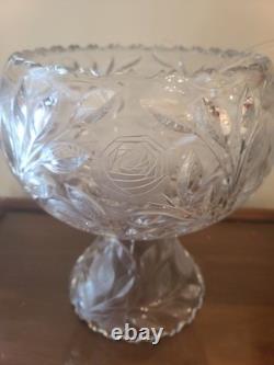 VTG Crystal Cut Glass Rose Punch Bowl 3 Pieces