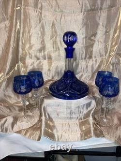 VTG Crystal Wine Decanter Cobalt Blue Cut Clear Carafe Glass Gorgeous ItchedRARE