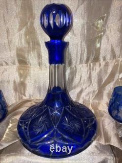 VTG Crystal Wine Decanter Cobalt Blue Cut Clear Carafe Glass Gorgeous ItchedRARE