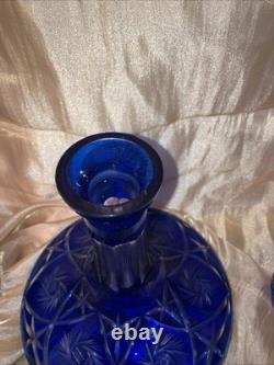 VTG Crystal Wine Decanter Cobalt Blue Cut Clear Carafe Glass Gorgeous ItchedRARE