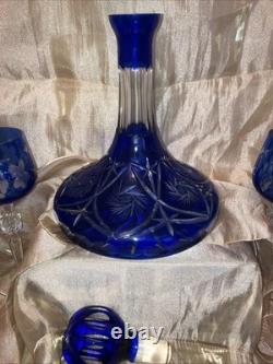 VTG Crystal Wine Decanter Cobalt Blue Cut Clear Carafe Glass Gorgeous ItchedRARE