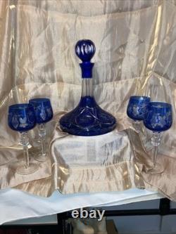 VTG Crystal Wine Decanter Cobalt Blue Cut Clear Carafe Glass Gorgeous ItchedRARE
