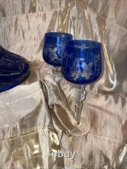VTG Crystal Wine Decanter Cobalt Blue Cut Clear Carafe Glass Gorgeous ItchedRARE