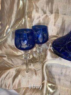 VTG Crystal Wine Decanter Cobalt Blue Cut Clear Carafe Glass Gorgeous ItchedRARE