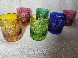 VTG Cut to Clear Crystal Tumblers 5pc Multicolor Bohemian Glass