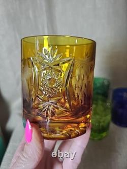 VTG Cut to Clear Crystal Tumblers 5pc Multicolor Bohemian Glass