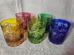 VTG Cut to Clear Crystal Tumblers 5pc Multicolor Bohemian Glass