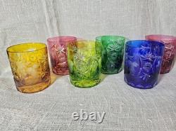 VTG Cut to Clear Crystal Tumblers 5pc Multicolor Bohemian Glass