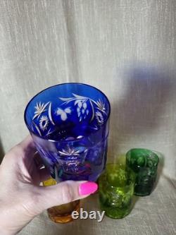 VTG Cut to Clear Crystal Tumblers 5pc Multicolor Bohemian Glass