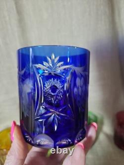 VTG Cut to Clear Crystal Tumblers 5pc Multicolor Bohemian Glass