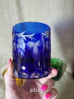 VTG Cut to Clear Crystal Tumblers 5pc Multicolor Bohemian Glass