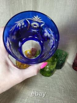 VTG Cut to Clear Crystal Tumblers 5pc Multicolor Bohemian Glass