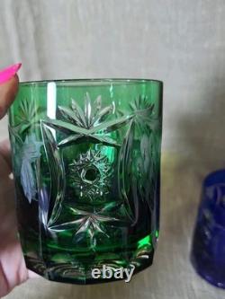 VTG Cut to Clear Crystal Tumblers 5pc Multicolor Bohemian Glass