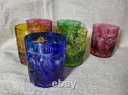 VTG Cut to Clear Crystal Tumblers 5pc Multicolor Bohemian Glass