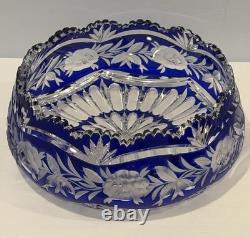 VTG Czech Bohemian Cobalt Cut To Clear Round 9.5x4 Crystal Bowl Roses Sawtooth