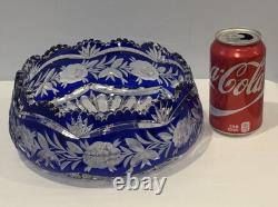 VTG Czech Bohemian Cobalt Cut To Clear Round 9.5x4 Crystal Bowl Roses Sawtooth