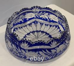 VTG Czech Bohemian Cobalt Cut To Clear Round 9.5x4 Crystal Bowl Roses Sawtooth
