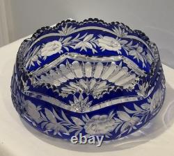 VTG Czech Bohemian Cobalt Cut To Clear Round 9.5x4 Crystal Bowl Roses Sawtooth