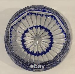 VTG Czech Bohemian Cobalt Cut To Clear Round 9.5x4 Crystal Bowl Roses Sawtooth