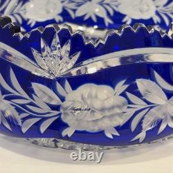 VTG Czech Bohemian Cobalt Cut To Clear Round 9.5x4 Crystal Bowl Roses Sawtooth