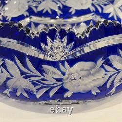 VTG Czech Bohemian Cobalt Cut To Clear Round 9.5x4 Crystal Bowl Roses Sawtooth