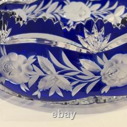 VTG Czech Bohemian Cobalt Cut To Clear Round 9.5x4 Crystal Bowl Roses Sawtooth