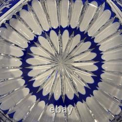 VTG Czech Bohemian Cobalt Cut To Clear Round 9.5x4 Crystal Bowl Roses Sawtooth