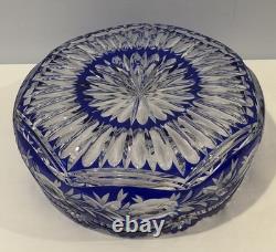 VTG Czech Bohemian Cobalt Cut To Clear Round 9.5x4 Crystal Bowl Roses Sawtooth