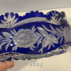 VTG Czech Bohemian Cobalt Cut To Clear Round 9.5x4 Crystal Bowl Roses Sawtooth