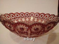 VTG Czech Republic Ruby Red Cut to Clear Crystal Glass Bowl Hobstar Chain +Label