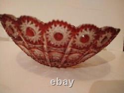 VTG Czech Republic Ruby Red Cut to Clear Crystal Glass Bowl Hobstar Chain +Label