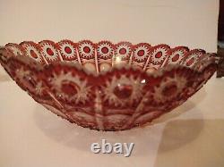 VTG Czech Republic Ruby Red Cut to Clear Crystal Glass Bowl Hobstar Chain +Label