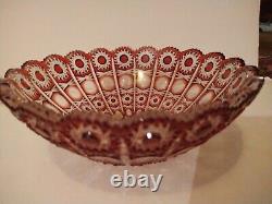 VTG Czech Republic Ruby Red Cut to Clear Crystal Glass Bowl Hobstar Chain +Label