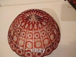 VTG Czech Republic Ruby Red Cut to Clear Crystal Glass Bowl Hobstar Chain +Label