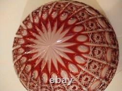 VTG Czech Republic Ruby Red Cut to Clear Crystal Glass Bowl Hobstar Chain +Label