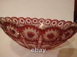 VTG Czech Republic Ruby Red Cut to Clear Crystal Glass Bowl Hobstar Chain +Label