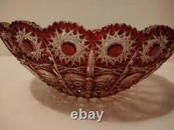 VTG Czech Republic Ruby Red Cut to Clear Crystal Glass Bowl Hobstar Chain +Label