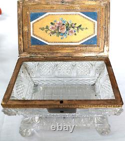 VTG French Cut Crystal Glass Casket Hinged Trinket Box Floral Paint Brass Footed