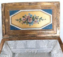 VTG French Cut Crystal Glass Casket Hinged Trinket Box Floral Paint Brass Footed