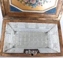 VTG French Cut Crystal Glass Casket Hinged Trinket Box Floral Paint Brass Footed