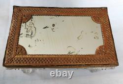 VTG French Cut Crystal Glass Casket Hinged Trinket Box Floral Paint Brass Footed