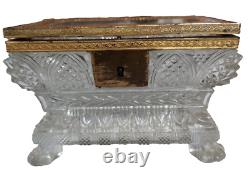 VTG French Cut Crystal Glass Casket Hinged Trinket Box Floral Paint Brass Footed