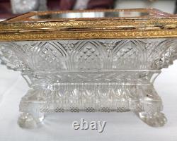 VTG French Cut Crystal Glass Casket Hinged Trinket Box Floral Paint Brass Footed