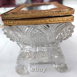 VTG French Cut Crystal Glass Casket Hinged Trinket Box Floral Paint Brass Footed