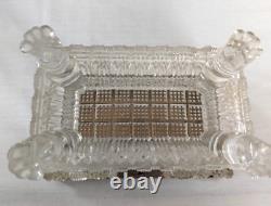 VTG French Cut Crystal Glass Casket Hinged Trinket Box Floral Paint Brass Footed