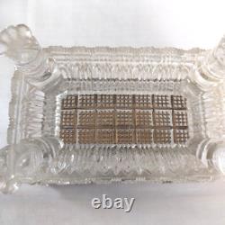 VTG French Cut Crystal Glass Casket Hinged Trinket Box Floral Paint Brass Footed