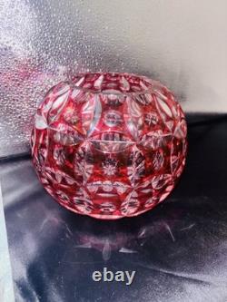 VTG Geometric Cut Crystal Rose Bowl Globe Vase Clear/Cranberry Glass