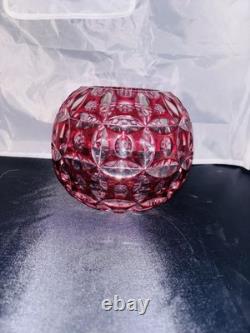VTG Geometric Cut Crystal Rose Bowl Globe Vase Clear/Cranberry Glass